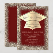 Gold Graduation Cap Glitzer Frame Red Abschluss Einladung (Vorne/Hinten)