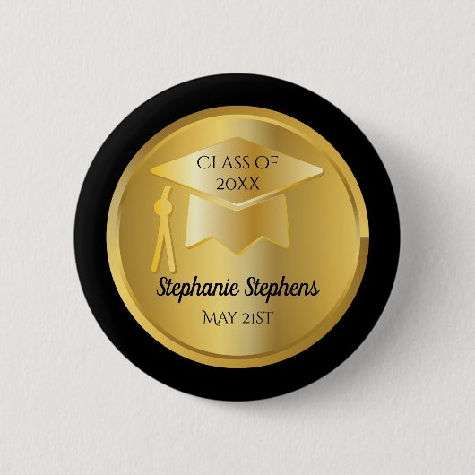 Gold Graduation Cap on Gold Gradient | Schwarz Button (Vorderseite)