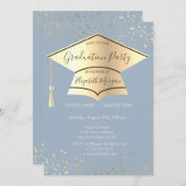 Gold Graduation Cap, Stars Dusty Blue Abschluss Einladung (Vorne/Hinten)