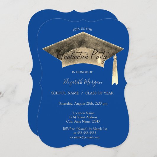 Gold Graduation Cap Tassel Blue Abschluss Einladung (Vorne/Hinten)