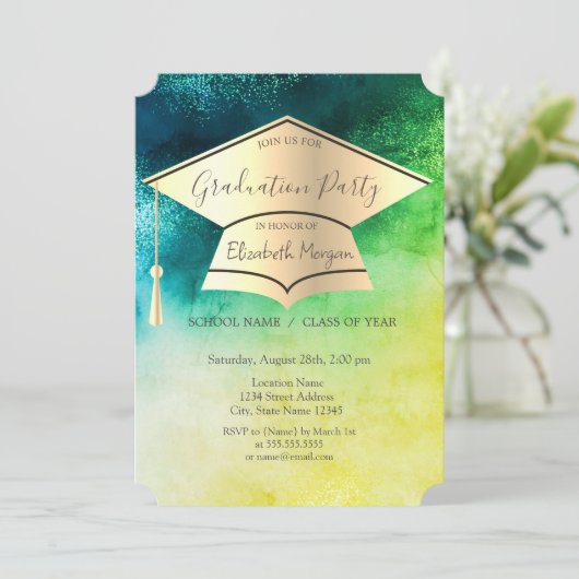 Gold Graduation Cap,Watercolor Green Graduation Einladung (Stehend Vorderseite)