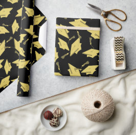 Gold Graduation Caps in Air on Black Fun Party Geschenkpapier