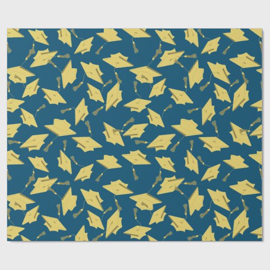 Gold Graduation Caps in the Air on Blue Fun Party Geschenkpapier (Flach)