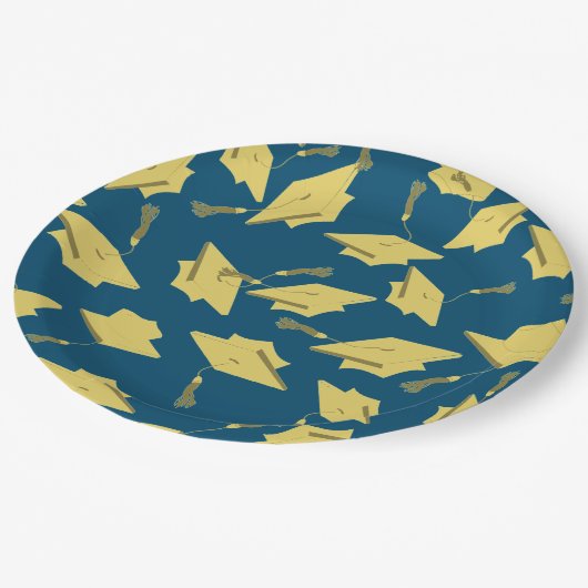 Gold Graduation Caps in the Air on Blue Fun Party Pappteller (Schrägansicht)