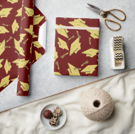 Gold Graduation Caps in the Air on Maroon Party Geschenkpapier