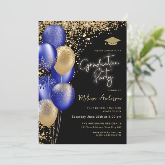 Gold Graduation Party Navy Blue Ballons Einladung (Stehend Vorderseite)