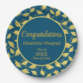 Gold Graduierungsklammern auf blauem Personalisier Pappteller