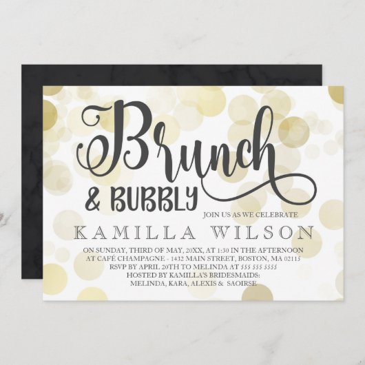 Gold & Grau Brunch & Bubbles Brautparty Einladung (Vorne/Hinten)