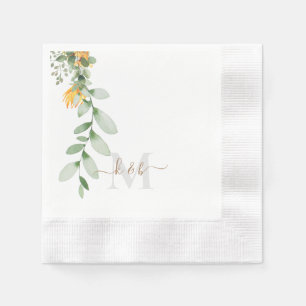 Gold & Grau Monogram Swash Script Sonnenblume Serviette