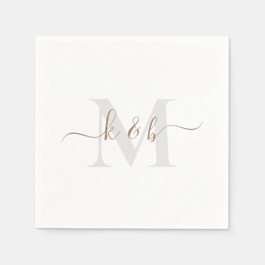 Gold & Grau Monogram Swash Script White Cocktail Serviette (Vorderseite)