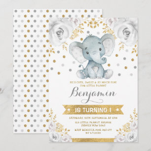 Gold Gray Jungle Elephant 1. Geburtstag Party Einladung