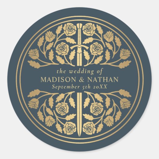 Gold Gray Royal Medieval Sword Wedding  Runder Aufkleber (Vorderseite)