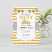 Gold Gray Stripes Kinderdusche Einladung (Stehend Vorderseite)