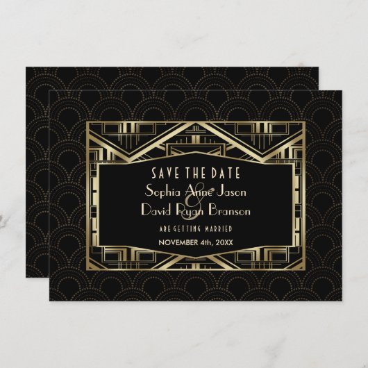 Gold Great Gatsby Art Deco Stil Save the Date (Vorne/Hinten)