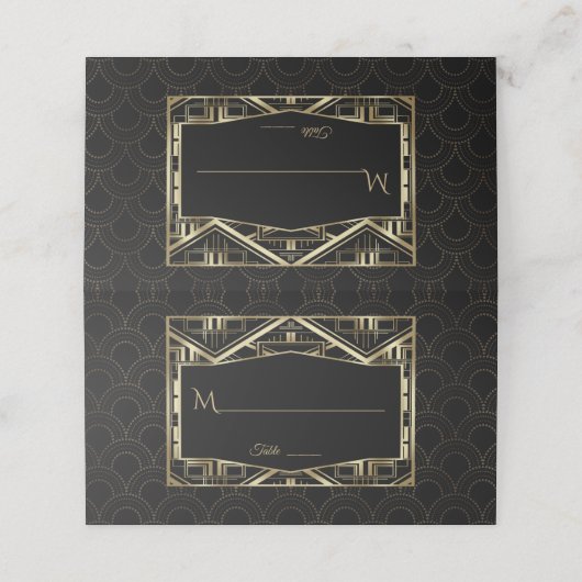Gold Great Gatsby Art Deco Style Wedding Platzkarte (Außenseite Aufgefaltet)