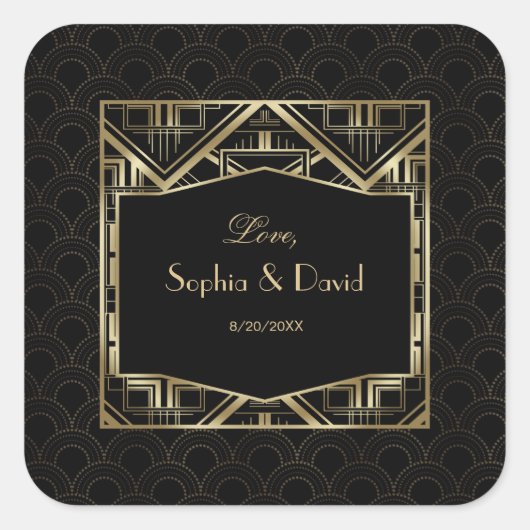 Gold Great Gatsby Art Deco Style Wedding Quadratischer Aufkleber (Vorderseite)