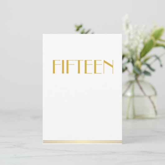 Gold Great Gatsby Wedding Table Cards Fünfzehn Einladung (Stehend Vorderseite)