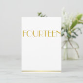 Gold Great Gatsby Wedding Table Cards Vierzehn Einladung (Stehend Vorderseite)