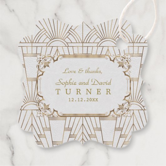 Gold Great Gatsby White Art Deco 1920er Hochzeit Geschenkanhänger (Rückseite)