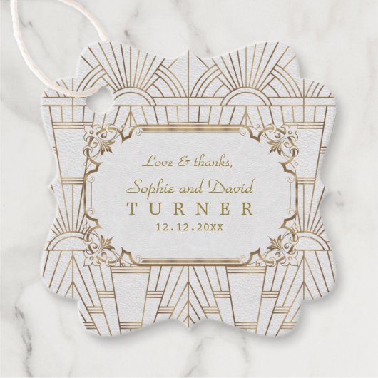 Gold Great Gatsby White Art Deco 1920er Hochzeit Geschenkanhänger (Vorderseite)