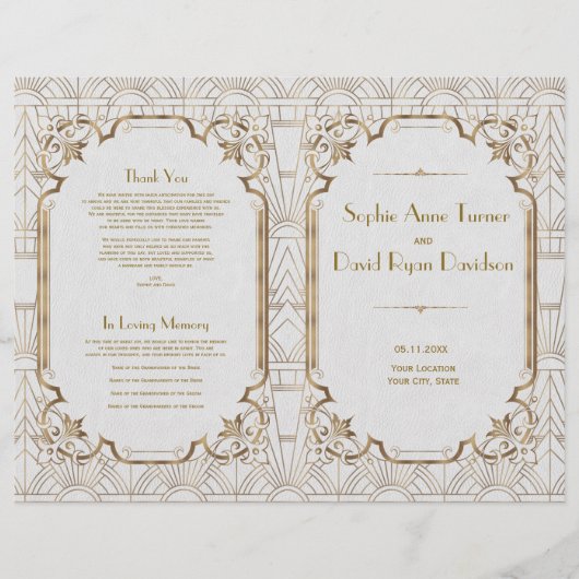 Gold Great Gatsby White Art Deco Hochzeitsprogramm (Vorderseite)