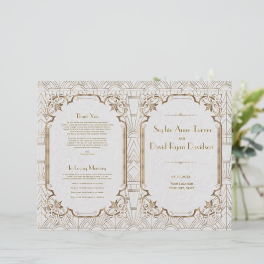 Gold Great Gatsby White Art Deco Hochzeitsprogramm (Stehend Vorderseite)