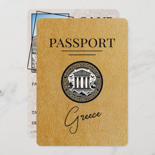 Gold Greece Passport Save the Date Card (Vorne/Hinten)