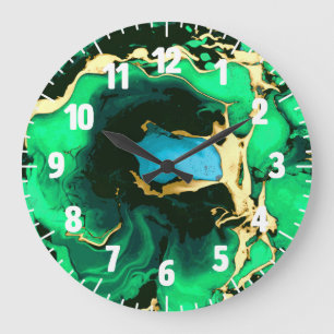 Gold green and black Marble acrylic paint art Große Wanduhr