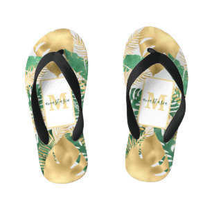 Gold Green Big Tropical Blätter Pair Flip Flops Kinderbadesandalen