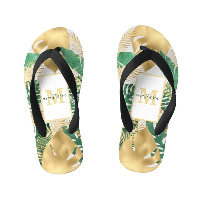 Gold Green Big Tropical Blätter Pair Flip Flops Kinderbadesandalen (Fußbett)