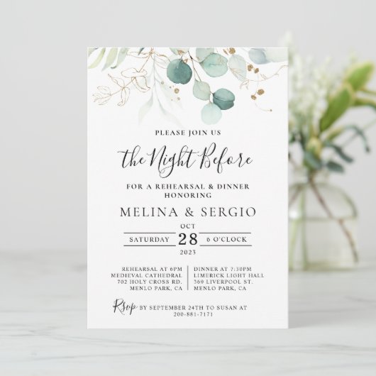 Gold Green Blätter Calligraphy Probe Dinner Einladung (Stehend Vorderseite)