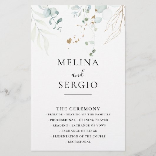 Gold Green Blätter Calligraphy Wedding Program (Vorderseite)