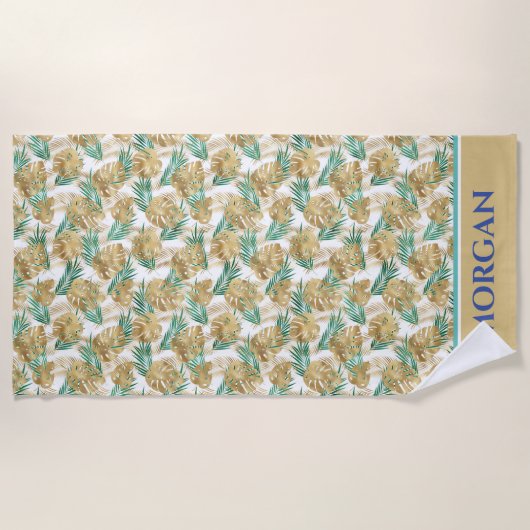 Gold & Green Blätter, Fett Name oder Initials Beac Strandtuch (Vorderseite)