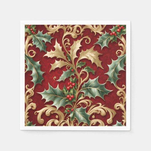 Gold Green Blätter Red Christmas Holiday Napkin Serviette (Vorderseite)