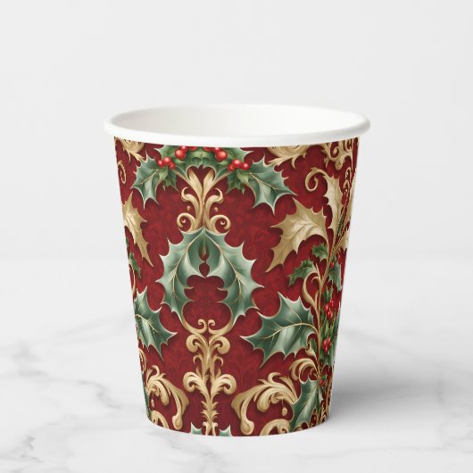 Gold Green Blätter Red Christmas Holiday Paper Cup Pappbecher (Rückseite)