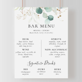 Gold Green Blätter Wedding Bar Menu Poster
