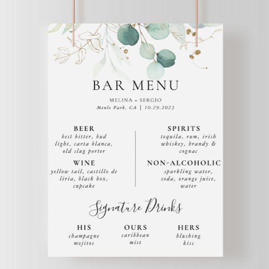 Gold Green Blätter Wedding Bar Menu Poster