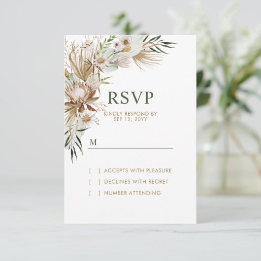 Gold & Green Boho Wedding Response Card RSVP Karte (Stehend Vorderseite)