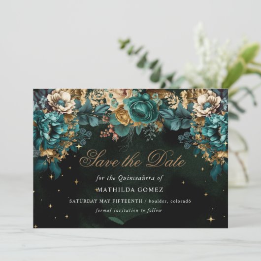 Gold Green Celestial Quinceañera Save the Date Einladung (Stehend Vorderseite)