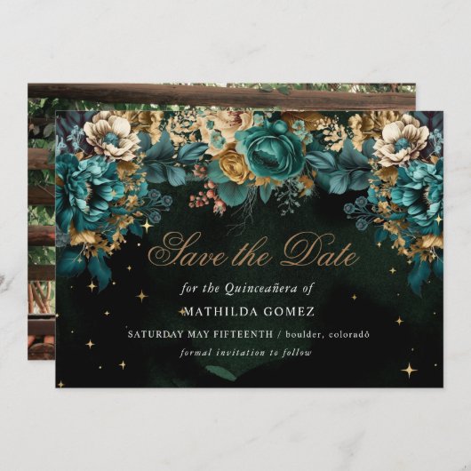 Gold Green Celestial Quinceañera Save the Date Einladung (Vorne/Hinten)