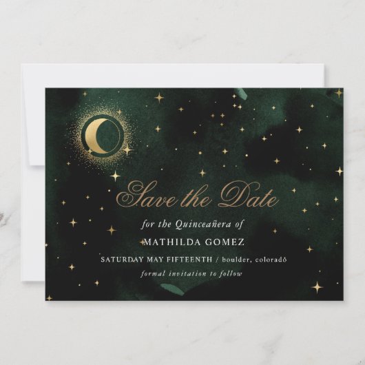 Gold Green Celestial Quinceañera Save the Date Einladung (Vorderseite)