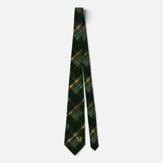 Gold Green Christmas Kariert Monogram Neck Tie Krawatte (Vorderseite)