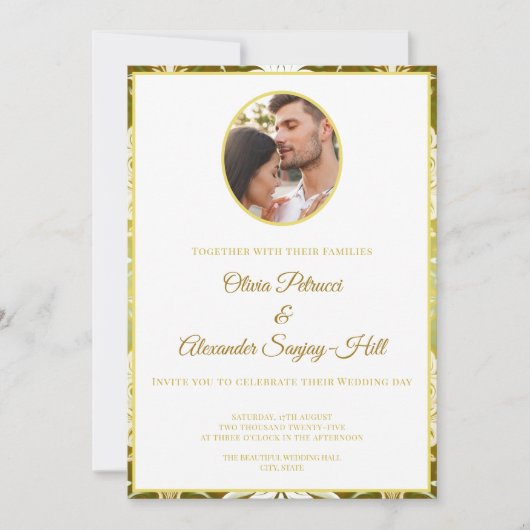 Gold Green Damask Wedding Einladung (Vorderseite)