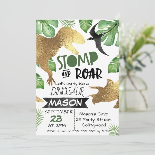 Gold Green Dinosaurier Einladung zum Geburtstag (Stehend Vorderseite)
