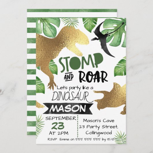 Gold Green Dinosaurier Einladung zum Geburtstag (Vorne/Hinten)