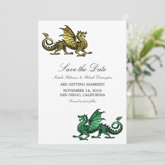 Gold Green Dragon Save the Date einladen (Stehend Vorderseite)