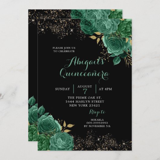Gold Green Emerald Floral Quinceañera Einladung (Vorne/Hinten)