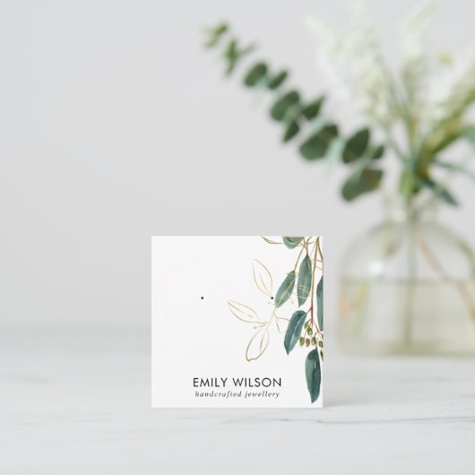 GOLD GREEN EUCALYPTUS FAUNA EARRING STUD ANZEIGE B QUADRATISCHE VISITENKARTE (Stehend Vorderseite)