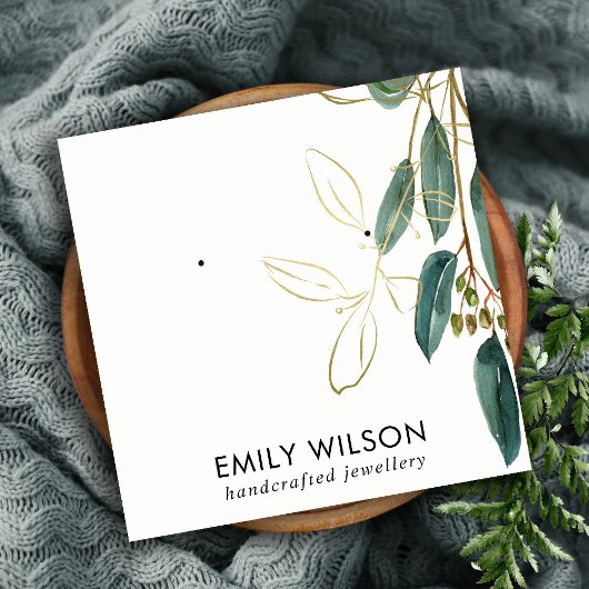 GOLD GREEN EUCALYPTUS FAUNA EARRING STUD ANZEIGE B QUADRATISCHE VISITENKARTE