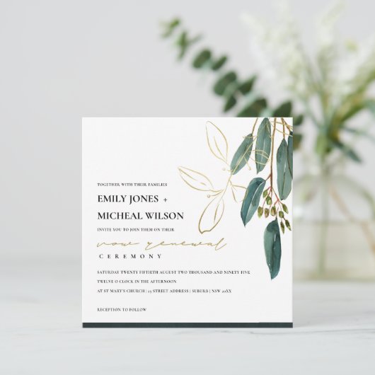 GOLD GREEN EUCALYPTUS FOLIAGE VOW RENEWITE INVITE DANKESKARTE (Stehend Vorderseite)